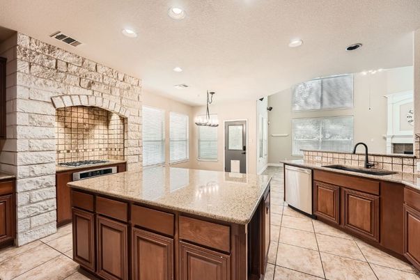 Interior, Kitchen, Pendant Lights, Recessed Lighting, Stone Walls