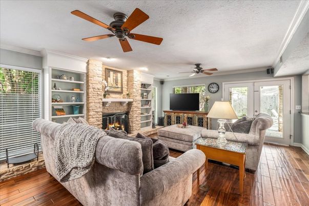 Fireplace, Interior, Living room, Stone Walls, Wood Texture Flooring