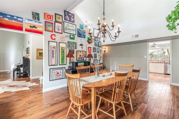 Chandelier, Dining room, Interior, Wood Texture Flooring