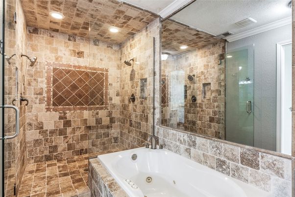 Bathroom, Glass Shower, Interior, Recessed Lighting, Stone Walls