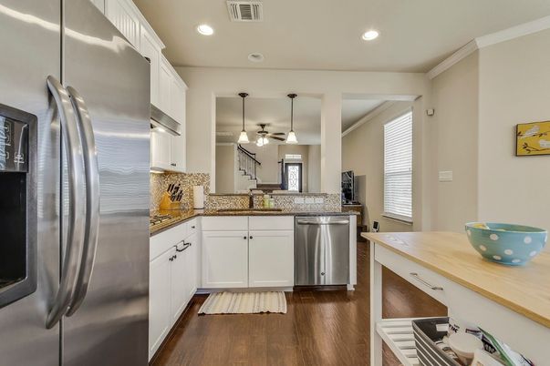 Interior, Kitchen, Pendant Lights, Recessed Lighting, Stainless Steel Appliances, Wood Texture Flooring