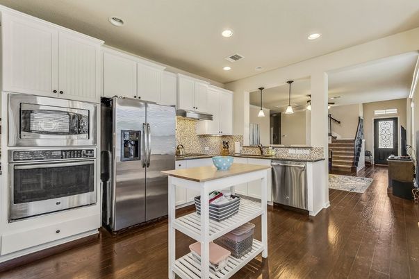 Interior, Kitchen, Pendant Lights, Recessed Lighting, Stainless Steel Appliances, Wood Texture Flooring