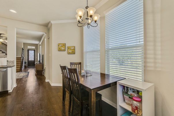 Chandelier, Dining room, Interior, Recessed Lighting, Wood Texture Flooring