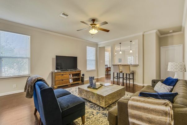 Dining room, Interior, Living room, Pendant Lights, Wood Texture Flooring