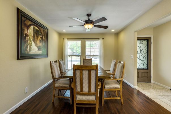 Dining room, Interior, Recessed Lighting, Wood Texture Flooring