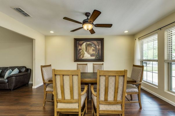 Dining room, Interior, Recessed Lighting, Wood Texture Flooring
