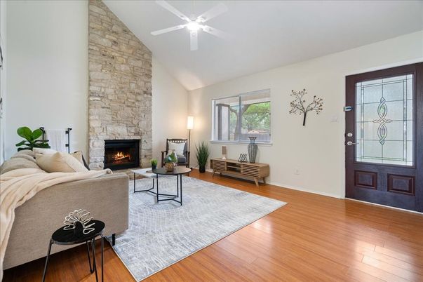 Fireplace, Interior, Living room, Stone Walls, Wood Texture Flooring