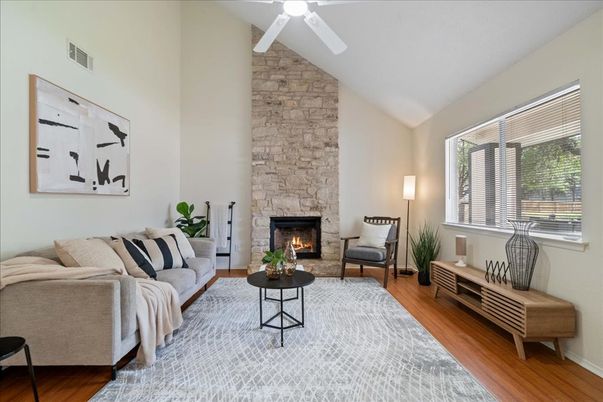 Fireplace, Interior, Living room, Stone Walls, Wood Texture Flooring