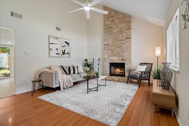 Fireplace, Interior, Living room, Stone Walls, Wood Texture Flooring