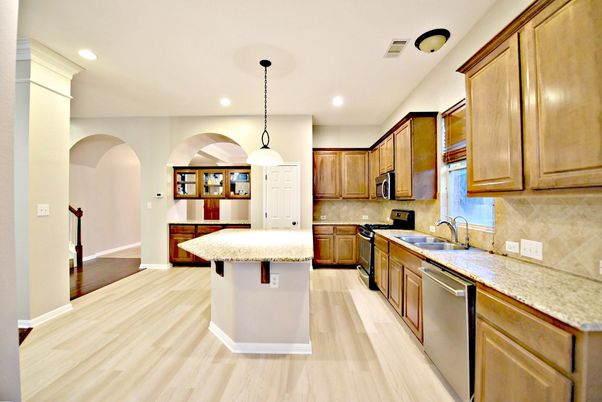 Interior, Kitchen, Pendant Lights, Recessed Lighting, Wood Texture Flooring