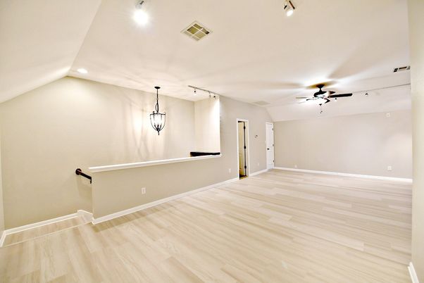 Empty room, Interior, Pendant Lights, Recessed Lighting, Wood Texture Flooring
