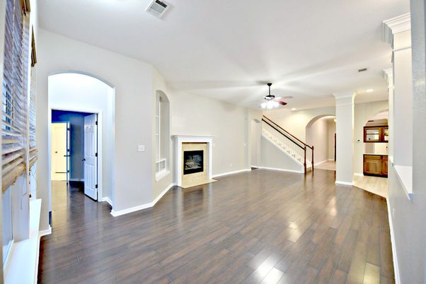 Empty room, Fireplace, Interior, Recessed Lighting, Wood Texture Flooring