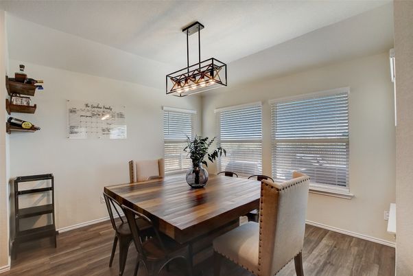 Dining room, Interior, Pendant Lights, Wood Texture Flooring