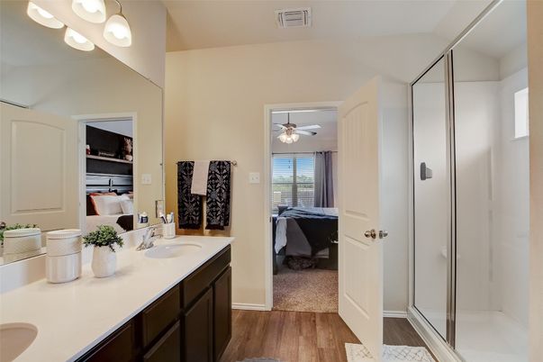 Bathroom, Dual Sink Vanities, Glass Shower, Interior, Wood Texture Flooring