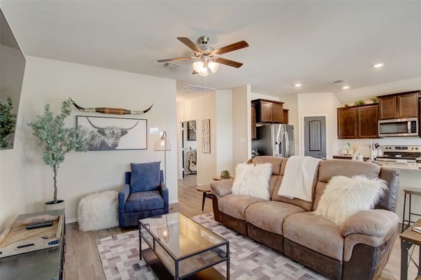 Interior, Kitchen, Living room, Recessed Lighting, Stainless Steel Appliances, Wood Texture Flooring