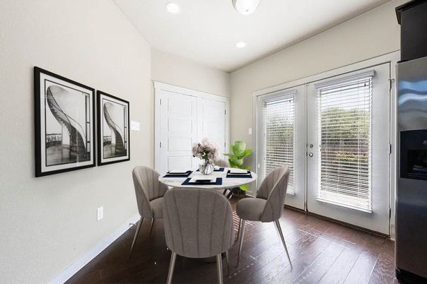 Dining room, Interior, Recessed Lighting, Wood Texture Flooring