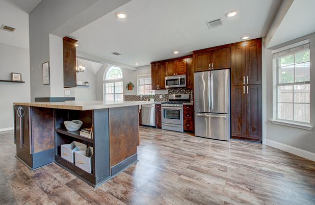 Interior, Kitchen, Recessed Lighting, Stainless Steel Appliances, Wood Texture Flooring