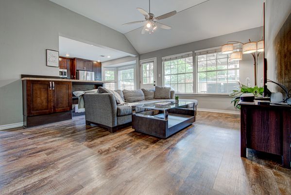 Interior, Kitchen, Living room, Pendant Lights, Recessed Lighting, Wood Texture Flooring