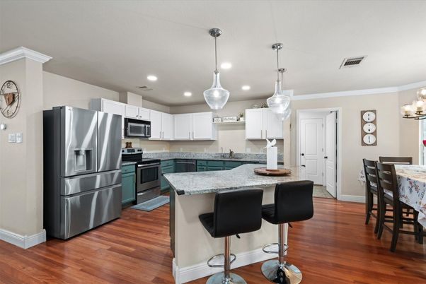 Interior, Kitchen, Pendant Lights, Recessed Lighting, Stainless Steel Appliances, Wood Texture Flooring