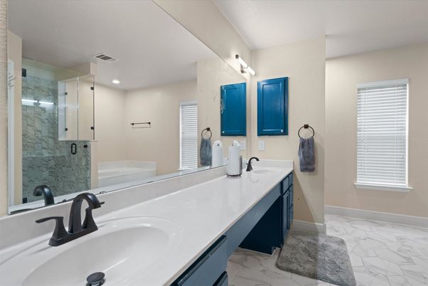 Bathroom, Dual Sink Vanities, Glass Shower, Interior, Marble, Recessed Lighting