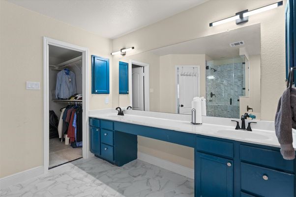 Bathroom, Dual Sink Vanities, Glass Shower, Interior, Marble