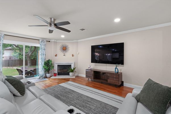 Fireplace, Interior, Living room, Recessed Lighting, Wood Texture Flooring