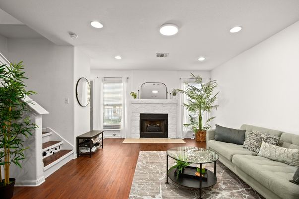 Fireplace, Interior, Living room, Recessed Lighting, Wood Texture Flooring