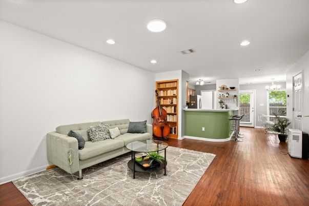 Chandelier, Interior, Living room, Recessed Lighting, Wood Texture Flooring