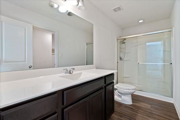 Bathroom, Glass Shower, Interior, Recessed Lighting, Wood Texture Flooring