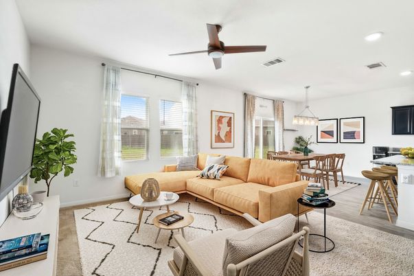 Dining room, Interior, Living room, Pendant Lights, Recessed Lighting, Wood Texture Flooring
