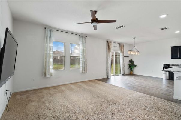 Empty room, Interior, Pendant Lights, Recessed Lighting, Wood Texture Flooring