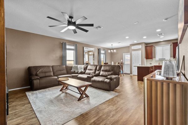 Dining room, Interior, Kitchen, Living room, Pendant Lights, Recessed Lighting, Wood Texture Flooring