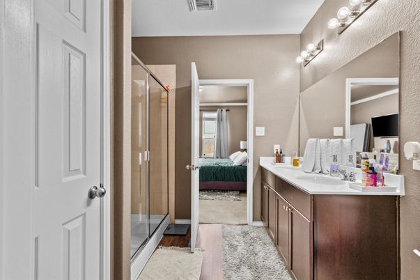 Bathroom, Bedroom, Glass Shower, Interior, Wood Texture Flooring