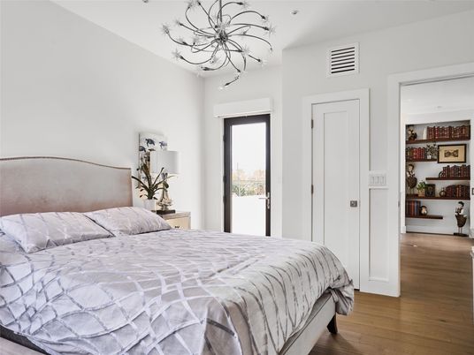 Bedroom, Chandelier, Interior, Wood Texture Flooring