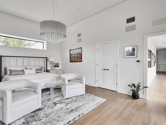 Bedroom, Chandelier, Interior, Recessed Lighting, Wood Texture Flooring