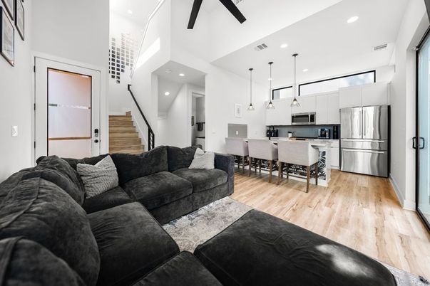 Dining room, Interior, Kitchen, Living room, Pendant Lights, Recessed Lighting, Stainless Steel Appliances, Wood Texture Flooring