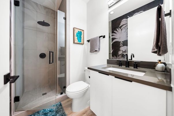 Bathroom, Glass Shower, Interior, Wood Texture Flooring
