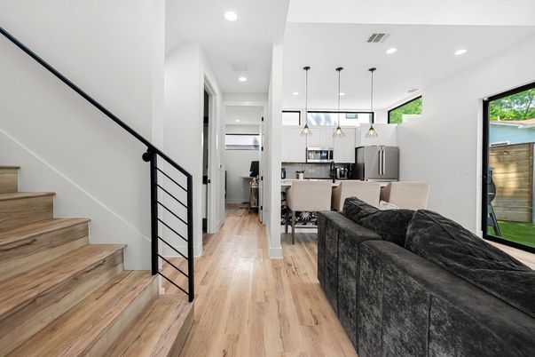 Dining room, Interior, Kitchen, Living room, Pendant Lights, Recessed Lighting, Stainless Steel Appliances, Wood Texture Flooring