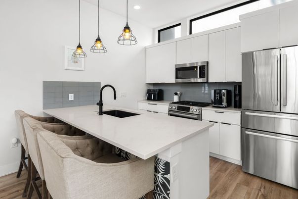 Interior, Kitchen, Pendant Lights, Recessed Lighting, Stainless Steel Appliances, Wood Texture Flooring