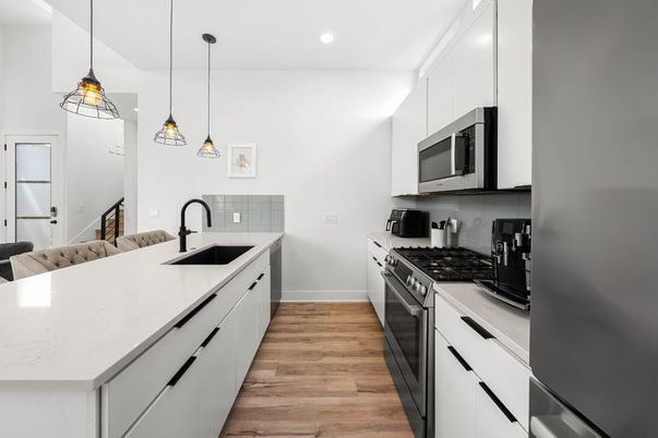 Interior, Kitchen, Pendant Lights, Recessed Lighting, Stainless Steel Appliances, Wood Texture Flooring