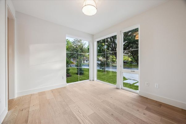 Empty room, Interior, Recessed Lighting, Wood Texture Flooring