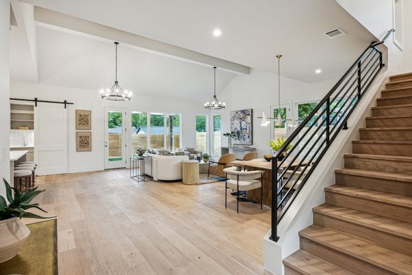 Chandelier, Interior, Kitchen, Living room, Pendant Lights, Recessed Lighting, Stainless Steel Appliances, Wood Texture Flooring