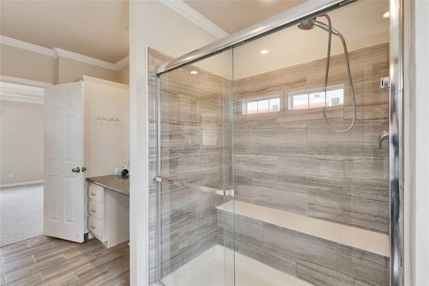 Bathroom, Glass Shower, Interior, Recessed Lighting, Wood Texture Flooring