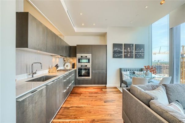 Interior, Kitchen, Living room, Recessed Lighting, Stainless Steel Appliances, Wood Texture Flooring