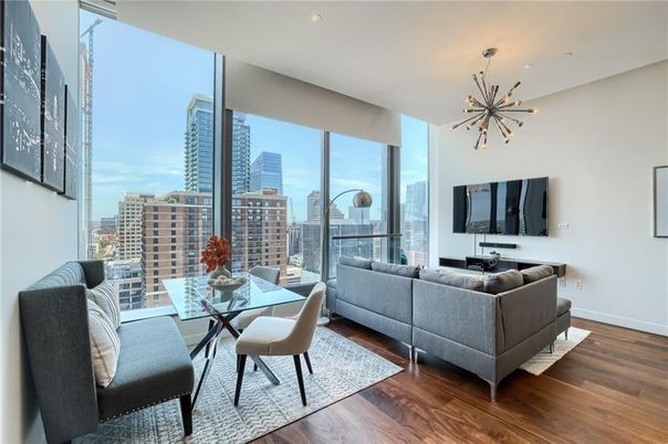 Dining room, Interior, Living room, Pendant Lights, Recessed Lighting, Wood Texture Flooring