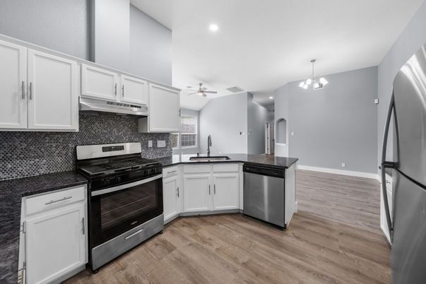Interior, Kitchen, Pendant Lights, Recessed Lighting, Stainless Steel Appliances, Wood Texture Flooring
