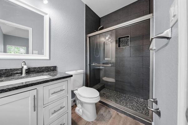 Bathroom, Glass Shower, Interior, Recessed Lighting, Wood Texture Flooring