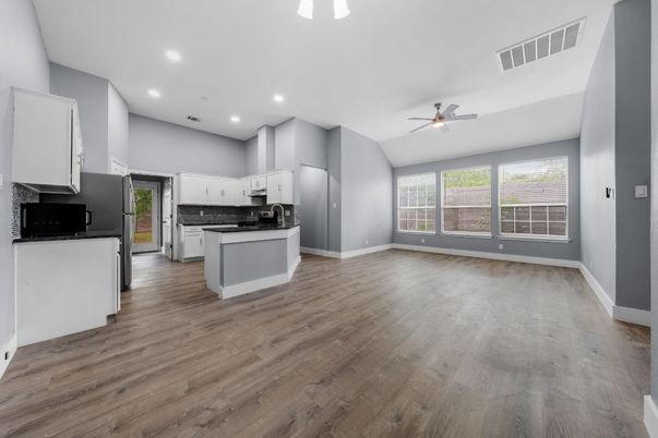 Empty room, Interior, Kitchen, Recessed Lighting, Wood Texture Flooring