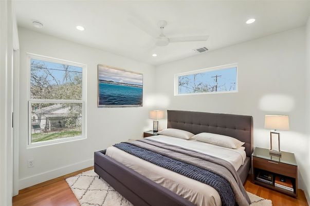 Bedroom, Interior, Recessed Lighting, Wood Texture Flooring