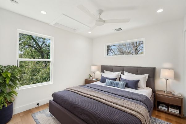 Bedroom, Interior, Recessed Lighting, Wood Texture Flooring